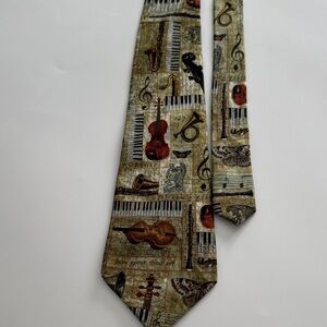 Music-Themed Beige & Brown Men's Silk Tie